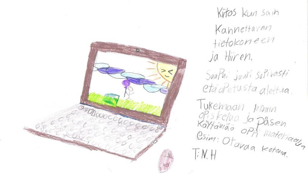Lapsen kiitoskirje saamastaan tietokoneesta. 