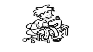 Piirroskuva, jossa poika ompelee ompelukoneella.