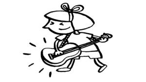 Piirroskuvassa tyttö soittaa räväkästi kitaraa.
