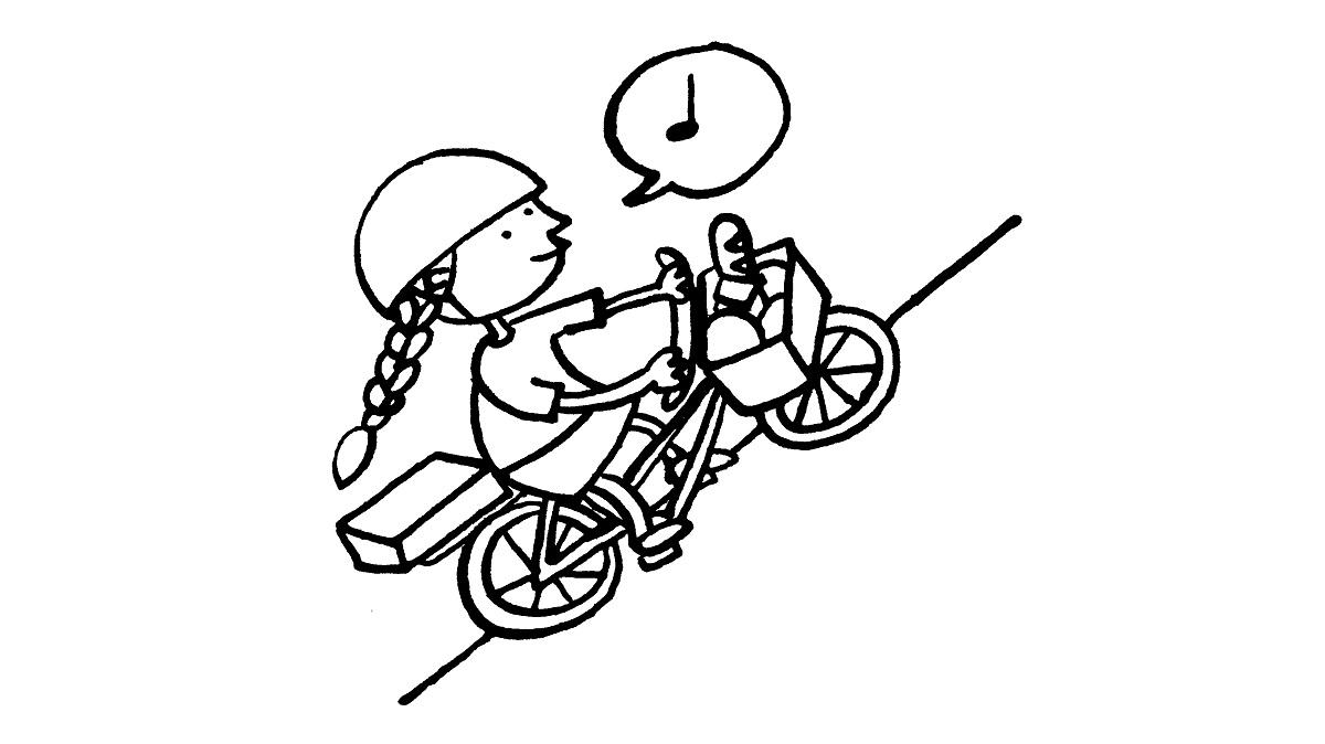 Piirroskuva, jossa tyttö pyöräilee sähköpyörällä ylämäkeen.