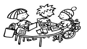 Piirroskuvassa kolme henkilöä opiskelee pyöreän pöydän ympärillä. Yksi heistä istuu pyörätuolissa.