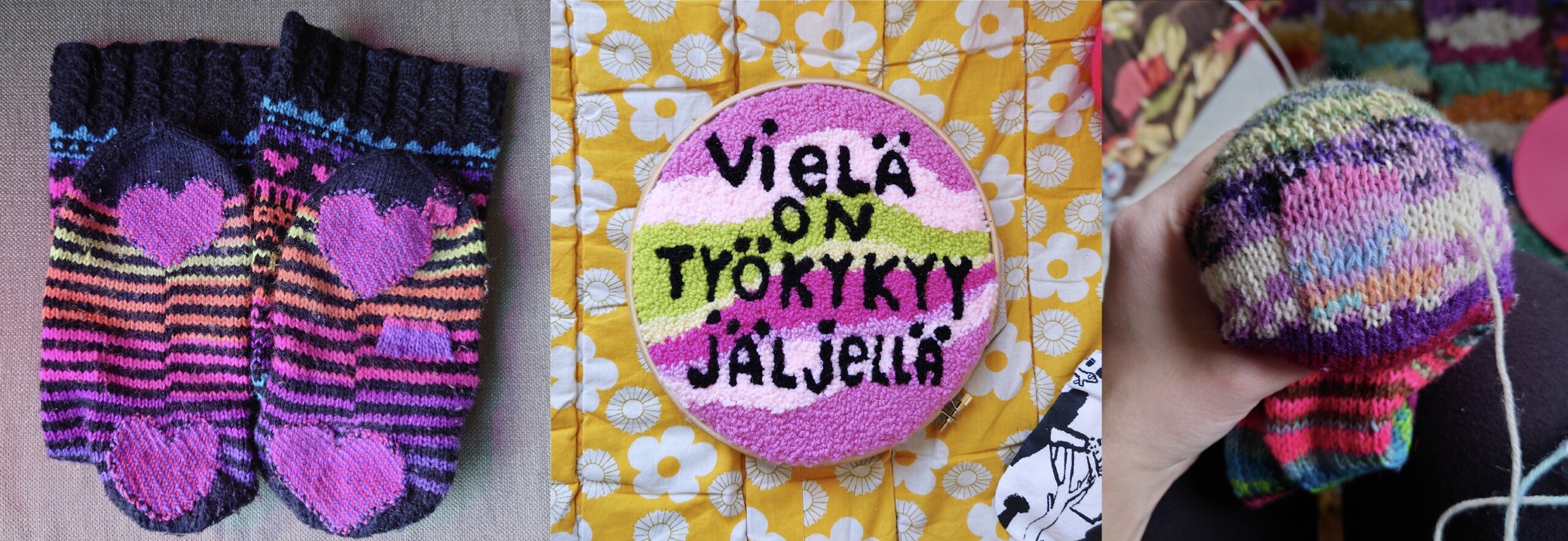 Virkatut villasukat, jossa on sydämenmuotoiset paikat, tuftattu ympyrä, jossa lukee "Vielä on työkykyy jäljellä", värikäs parsinsieni