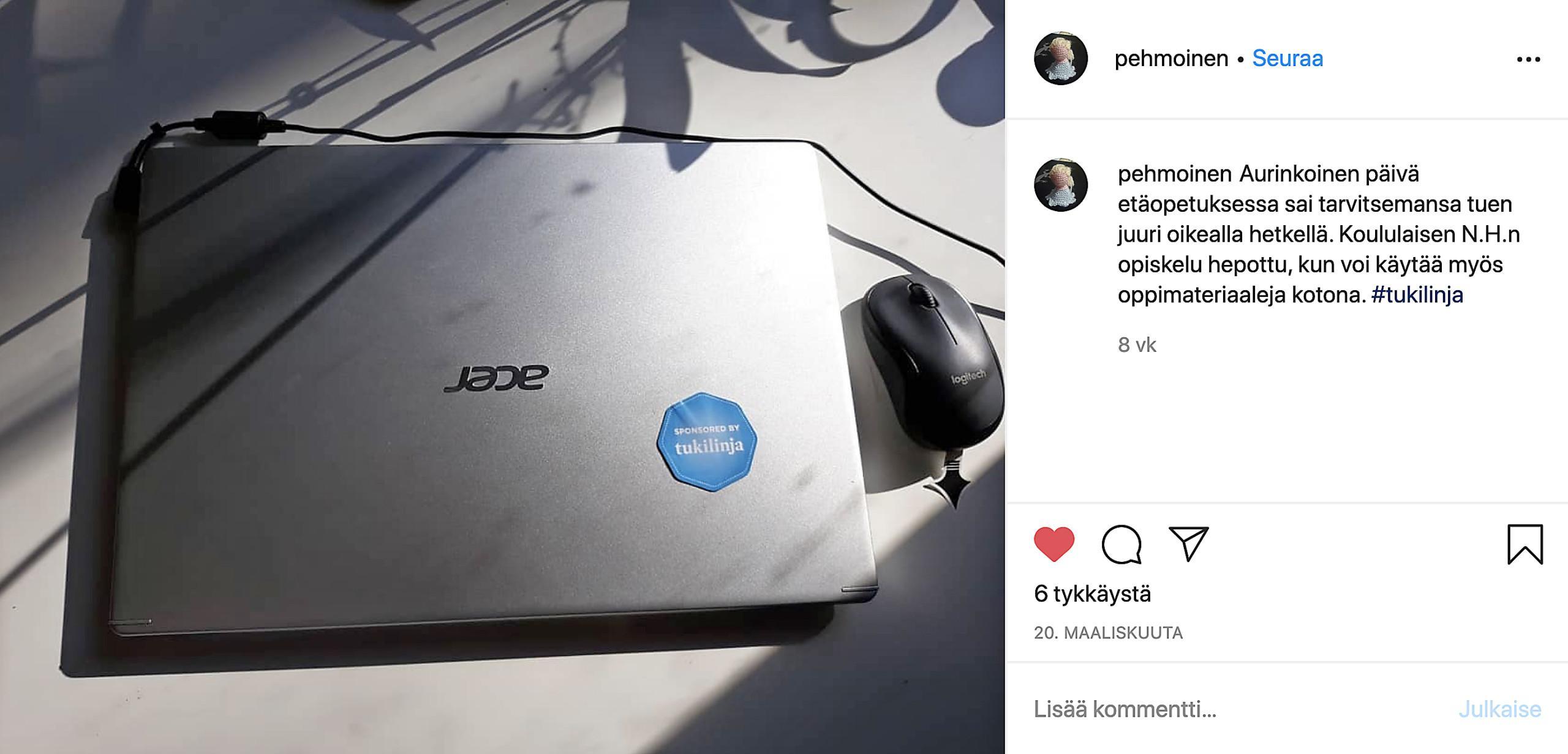 Instagramissa julkaistu kiitoskirje, jossa näkyy Tukilinjan sponsorilogo läppärin kannessa.