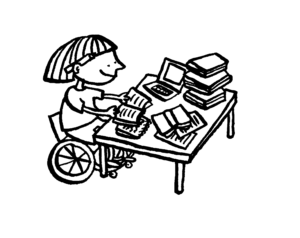 Kaisa Lekan mustavalkoisessa piirroskuvassa polkkatukkainen henkilö istuu pyörätuolissa pöydän ääressä, jossa on kirjapino ja kannettava tietokone.
