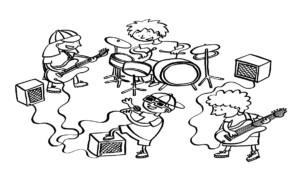 Piirroskuvassa nelihenkinen bändi