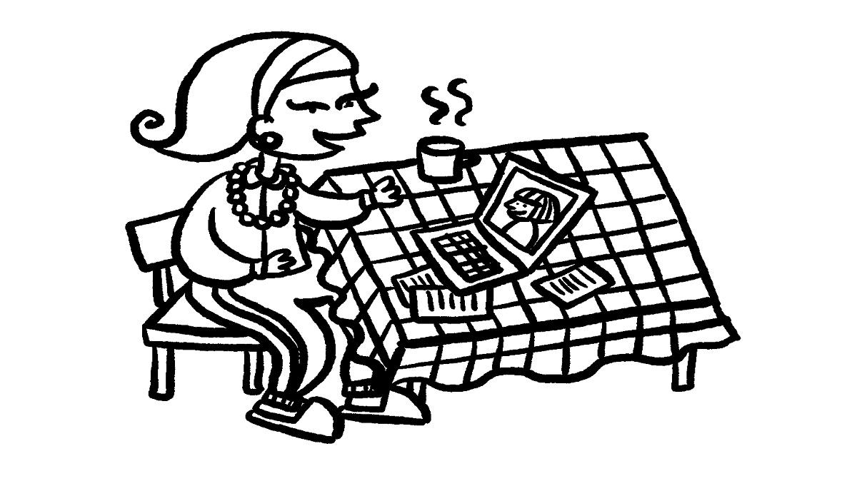 Piirroskuvassa nainen ruokapöydän ääressä. Pöydällä on ruudullinen pöytäliina, tietokone ja kuppi kuumaa.