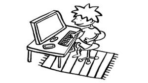 Piirroskuvassa poika istuu pöydän ääressä tietokoneella.